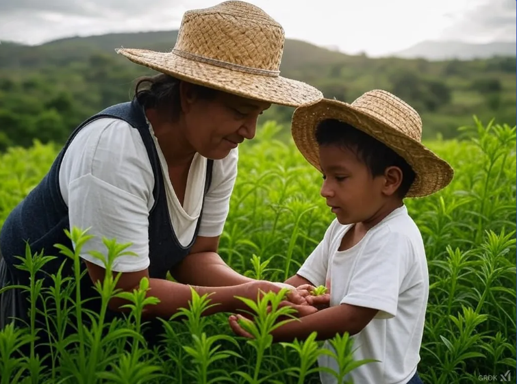 Familia campesina trabajando en el campo